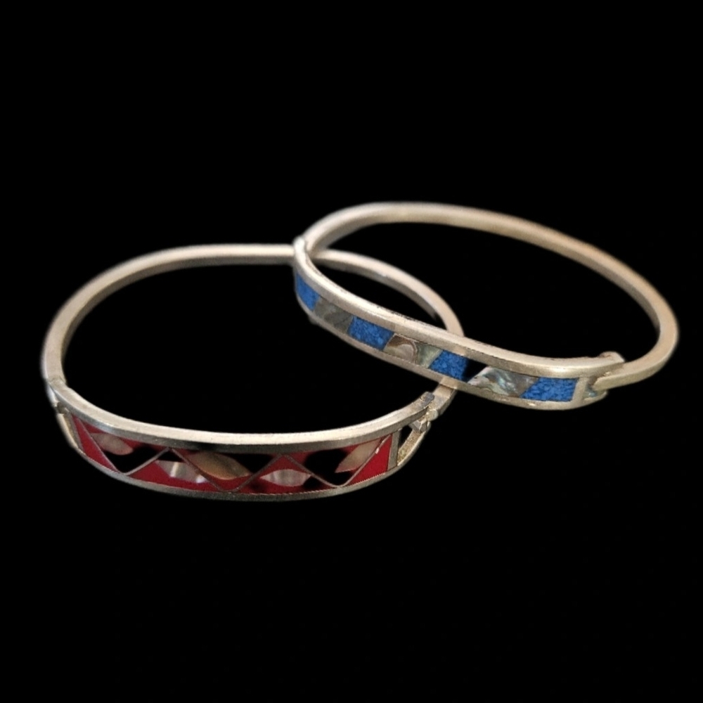 Two Mexican Silver Hinged Abalone Bracelets -  Red and Blue